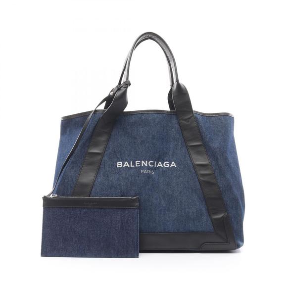 Balenciaga Black Blue Bag Navy Denim Tote Cabas Leather - Picture 1 of 8